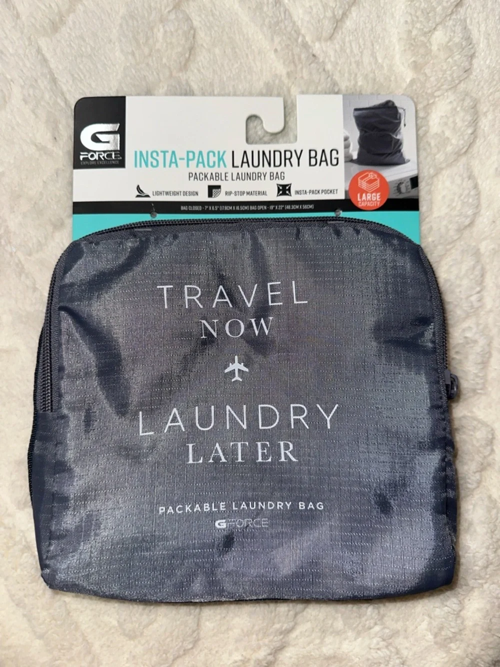 GFORCE Gray White “Travel Now Laundry Later” Zip Foldable Travel Laundry Bag